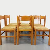 Suite of 6 vintage chairs in light wood and straw from the 70s 80s