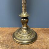 Ornate brass table lamp with mint green glass shade