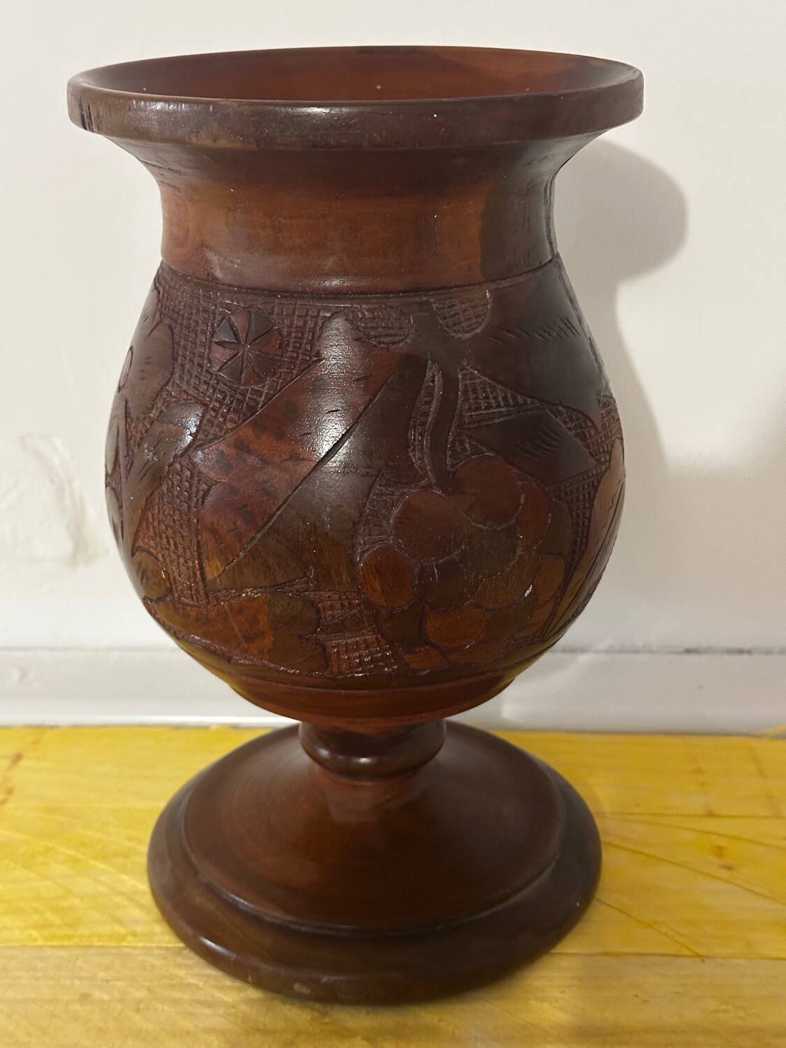 Vintage Turned and Carved Wooden Vase - Vine Decor H 28 cm