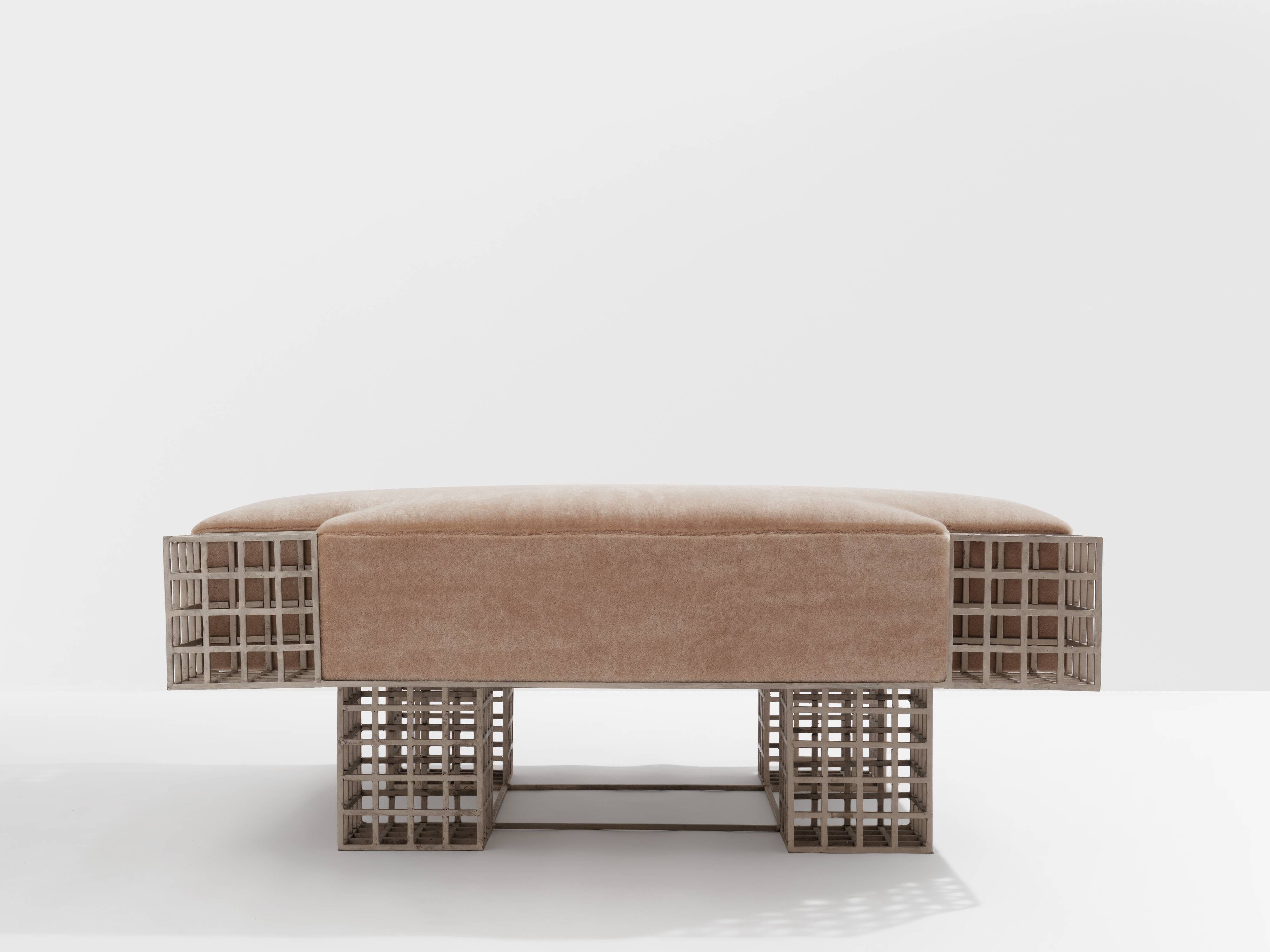 Large ottoman bench by Carla Sozzani in Milan, mohair velvet, 1990