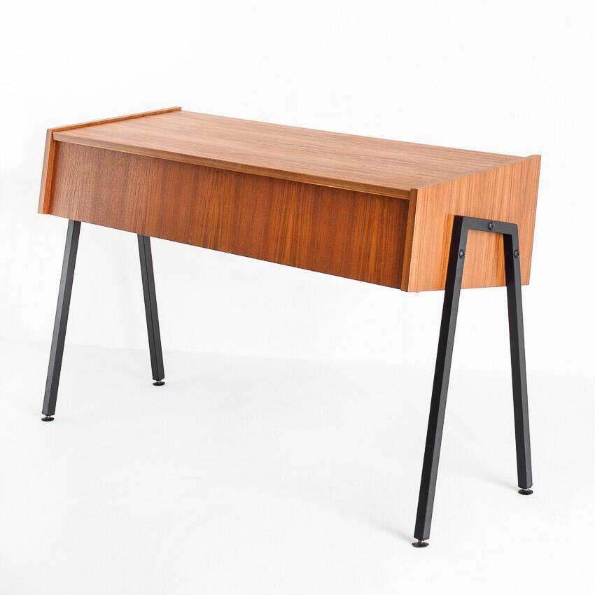 Vintage teak and lacquered iron console table. Scandinavian style. France, 1960s