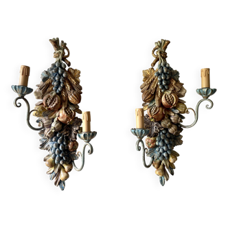 Pair of large wooden wall lights, Italy, 1950s