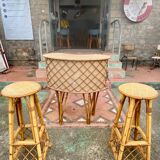 Vintage rattan bar with its two stools circa 1970