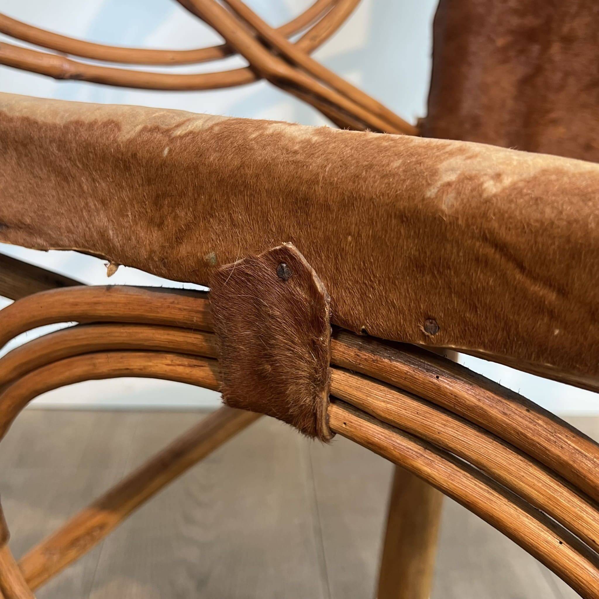 Organic Modernist Armchair in Rattan and Cowhide, Italian Work, A
