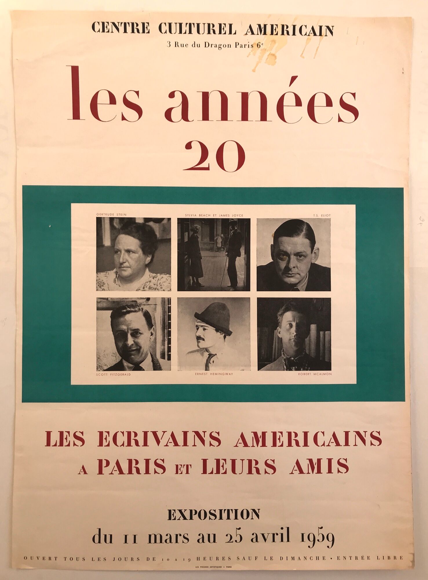 Exhibition poster American Writers in Paris, American Cultural Center, 1959