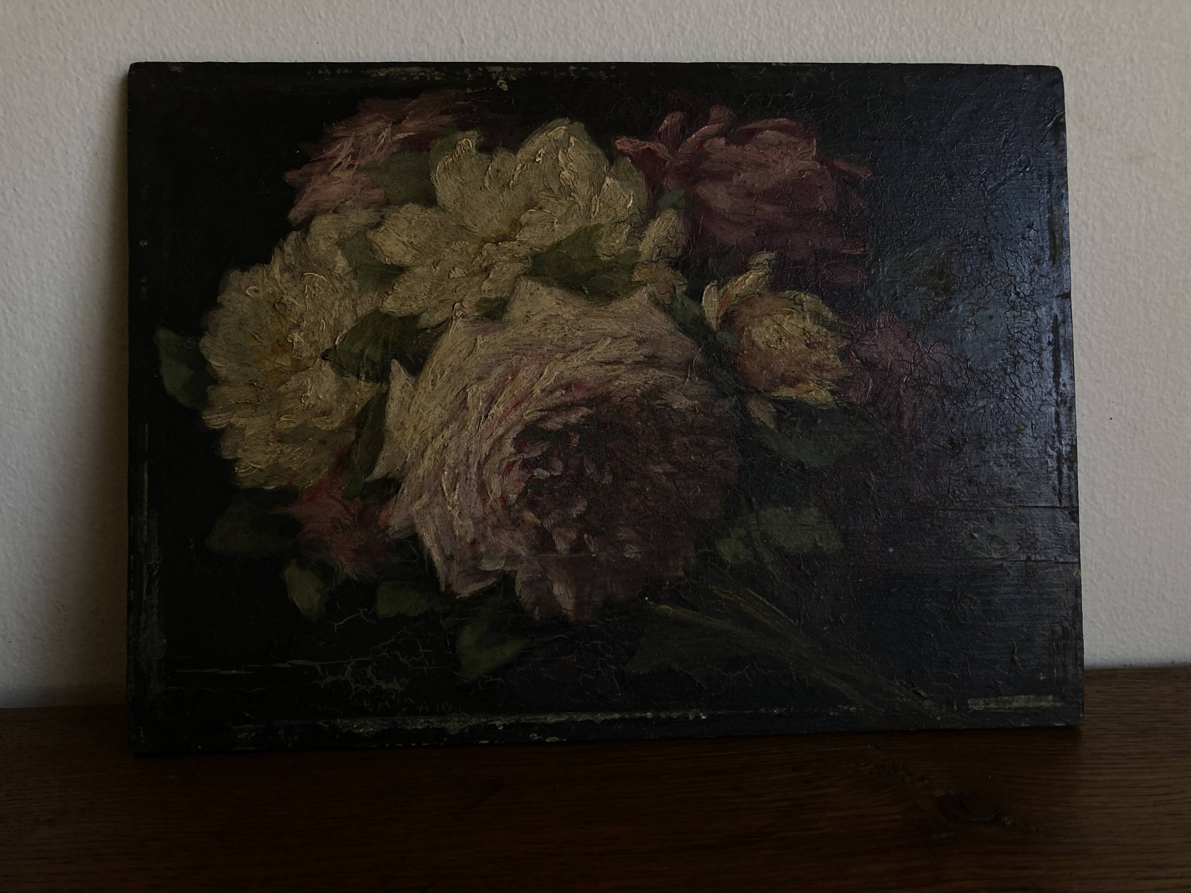 Oil on wood 19th century cut flowers