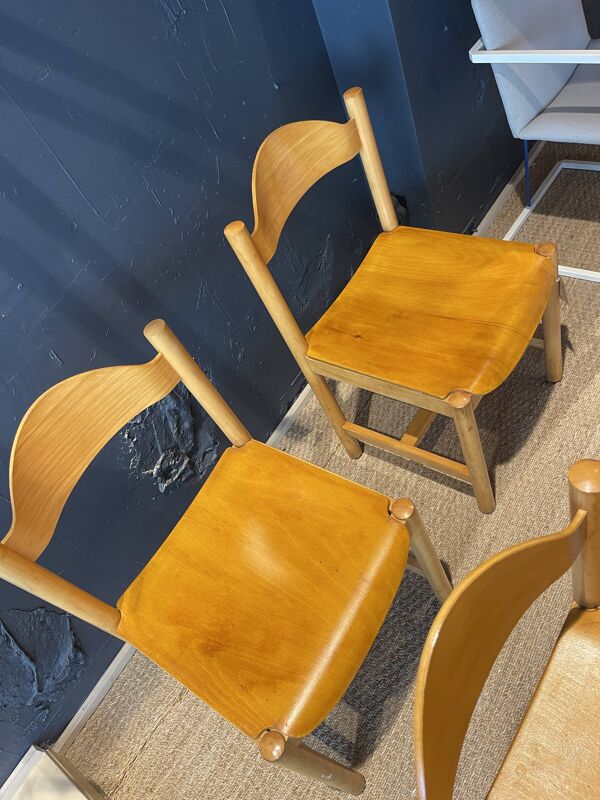 Ensemble de 4 chaise bois clair moderniste France années 90