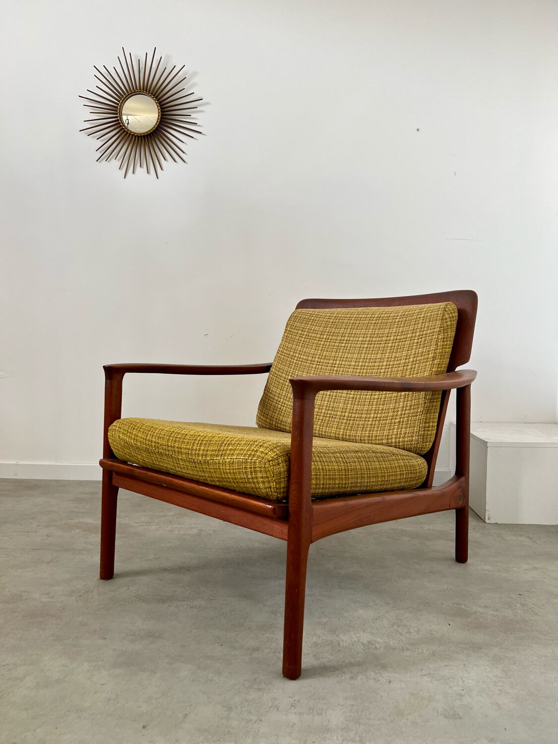 Old Scandinavian design armchair in vintage teak year 60