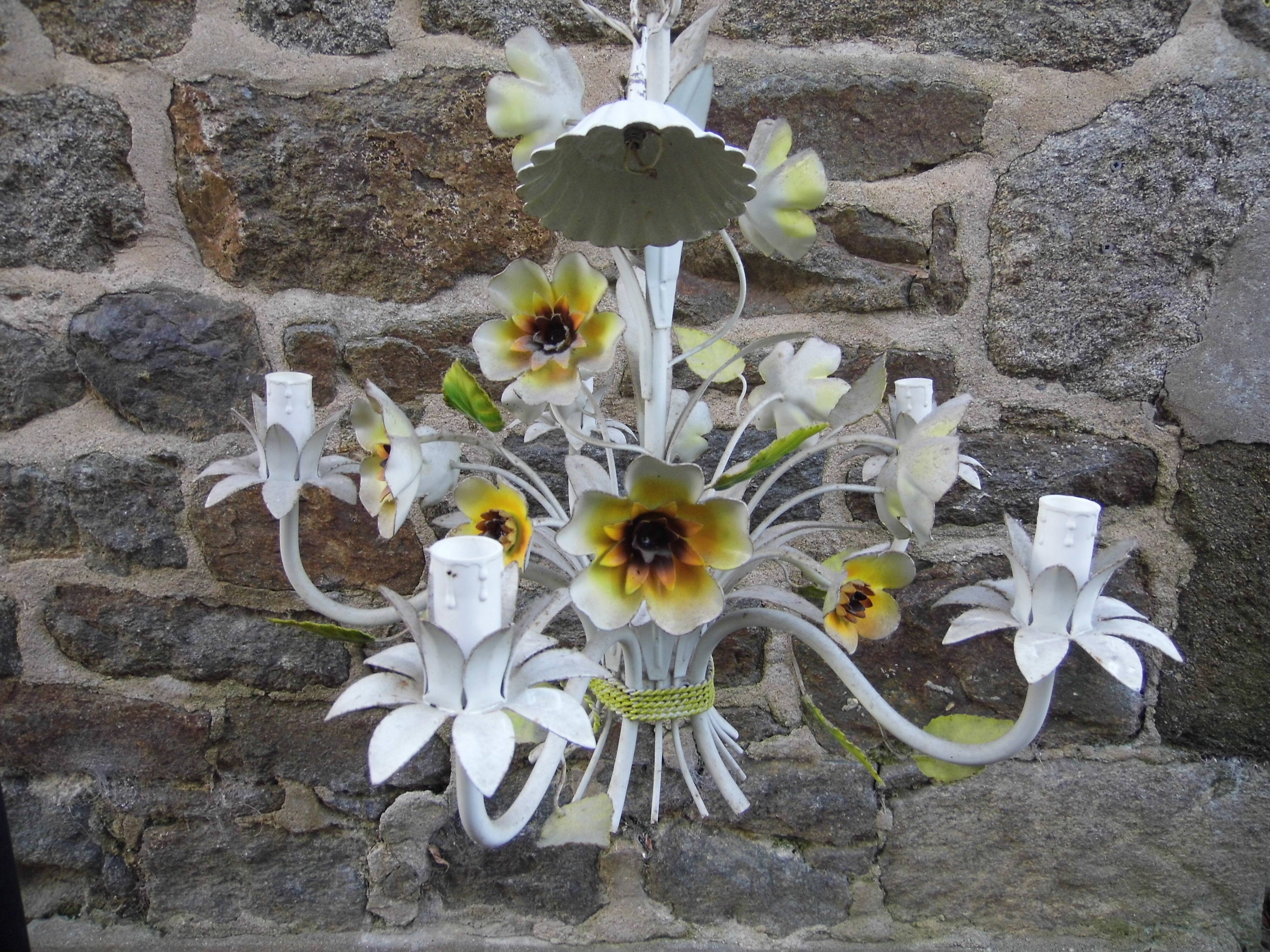 chandelier, painted sheet metal suspension, floral décor, vintage 80s