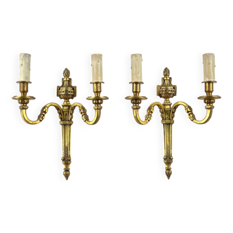 Paire d'Appliques Murales - 2 Lumières - Style Louis XVI - Bronze Doré