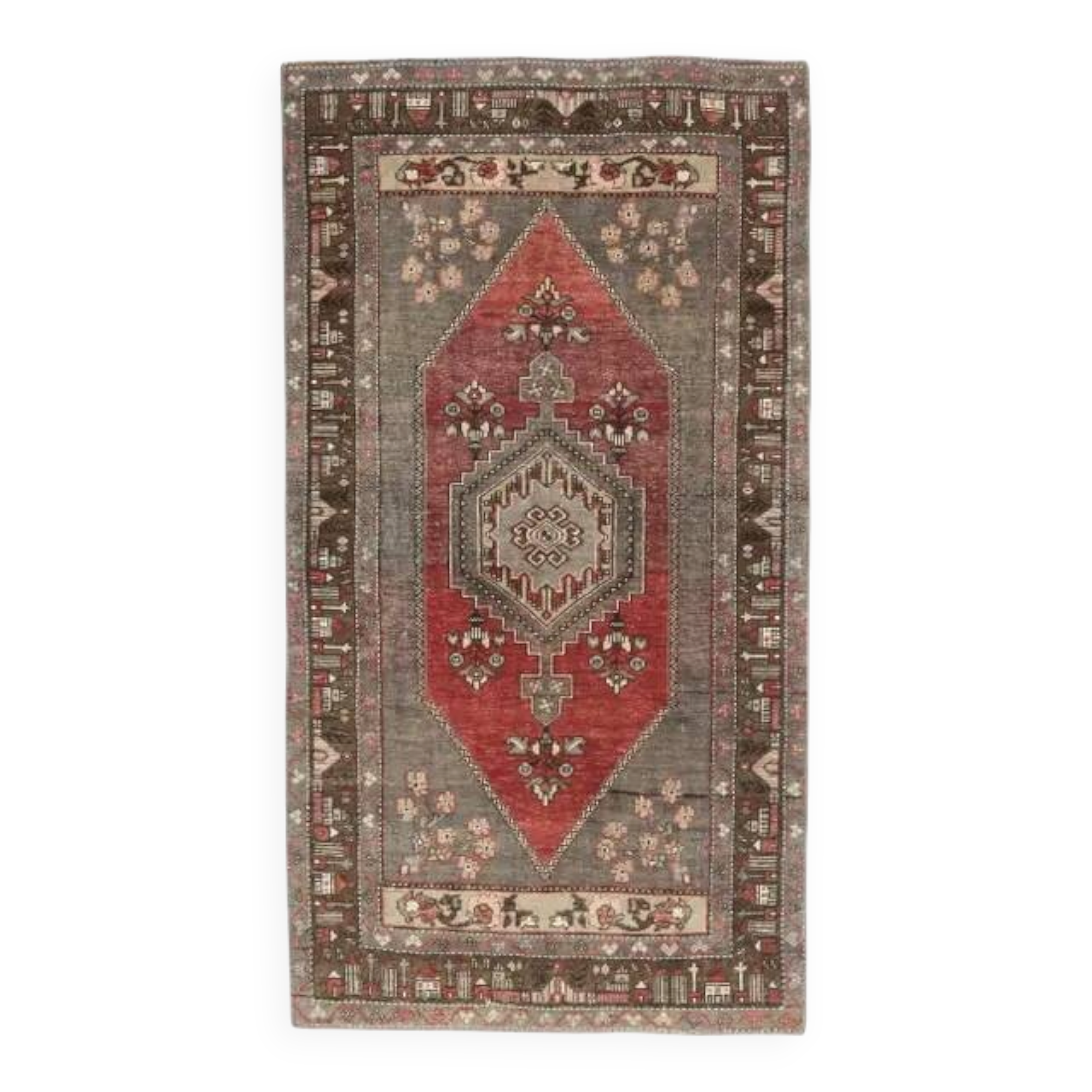 Vintage Turkish Oushak Handmade Wool Cotton Red Area Rug 110x227
