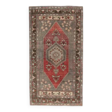 Tapis d'aire vintage turc Oushak fait main en laine et coton rouge 110x227