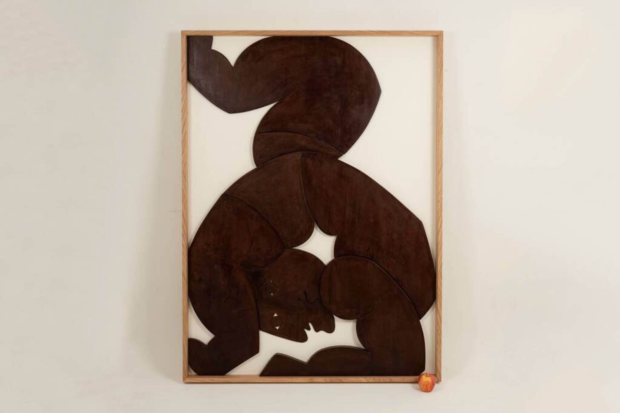 Relief panel "The Twins" in patinated wood. Contemporary.