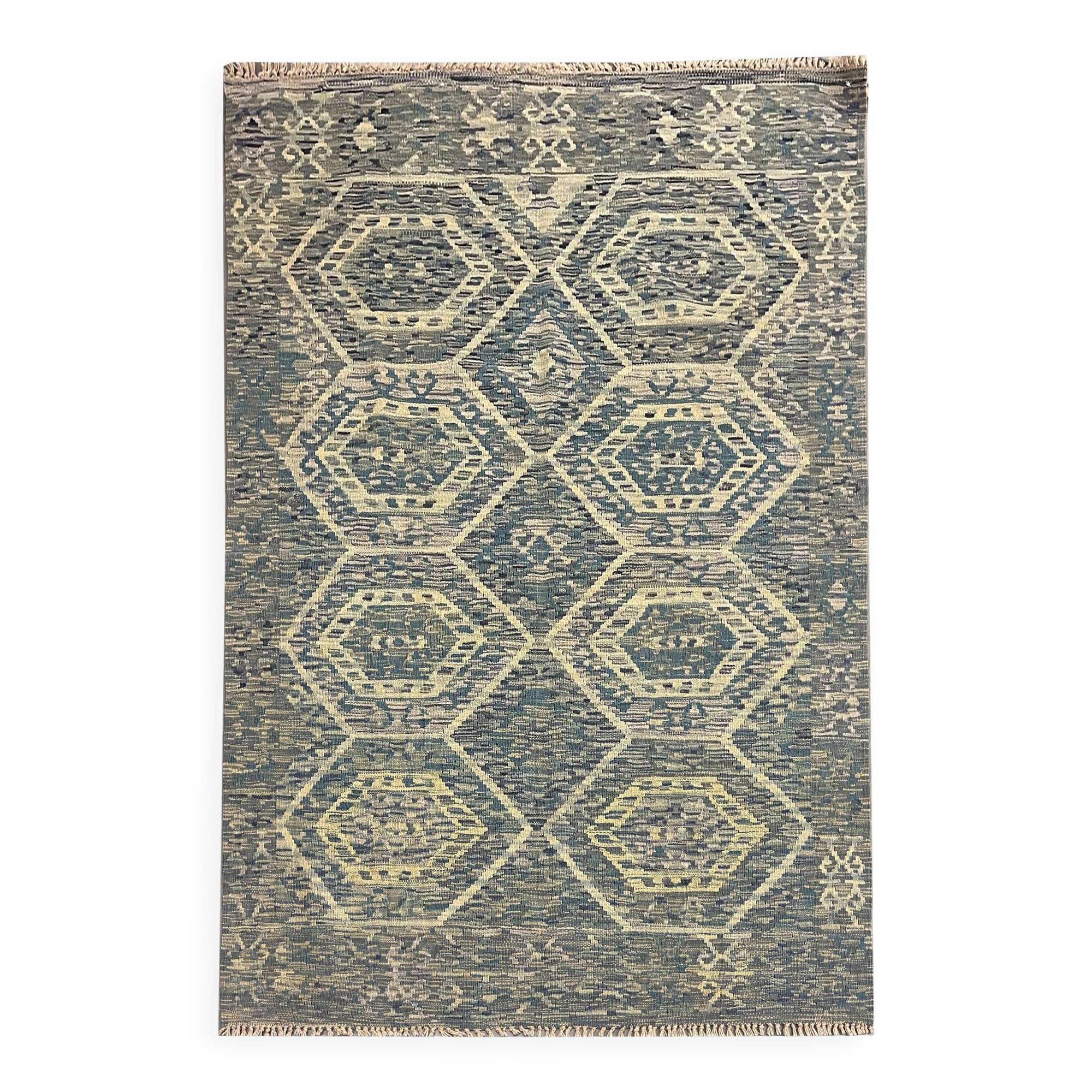 Geometric Kilim Rug, Bule Beige Contemporary Wool Carpet 195 x 128 cm