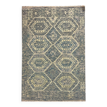 Geometric Kilim Rug, Bule Beige Contemporary Wool Carpet 195 x 128 cm