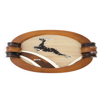 ART DECO PLATEAU VINTAGE 1920 1930 ANTELOPE GAZELLE SIGNED "DOPE" WOOD & MI