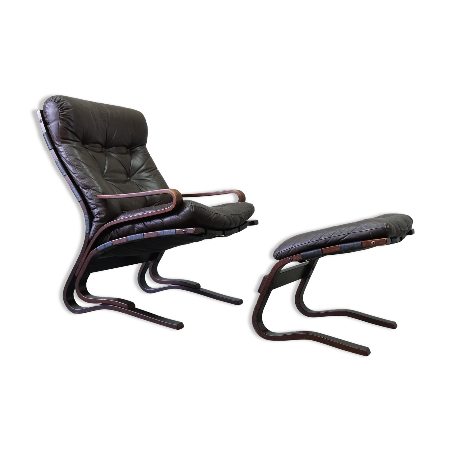 Mid century leather armchair and foot stool by Erda & Nordahl Solheim, Norway 1970's