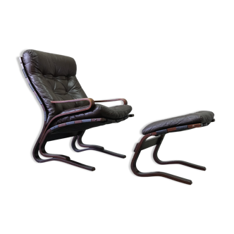 Mid century leather armchair and foot stool by Erda & Nordahl Solheim, Norway 1970's