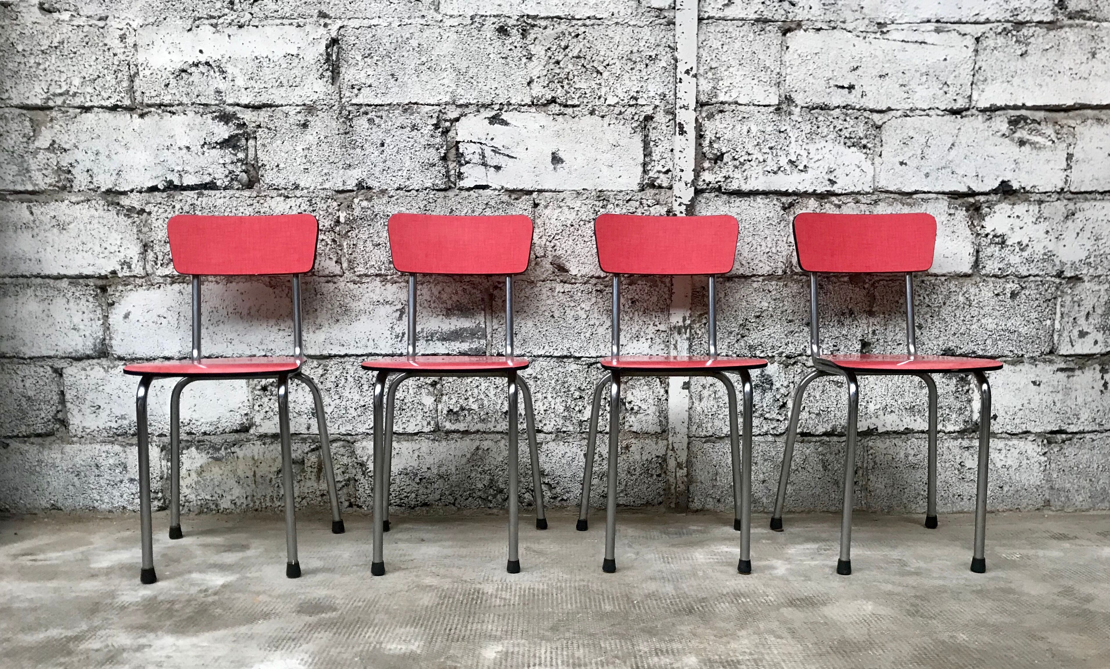 Series of 4 chairs in red formica and chrome 1950