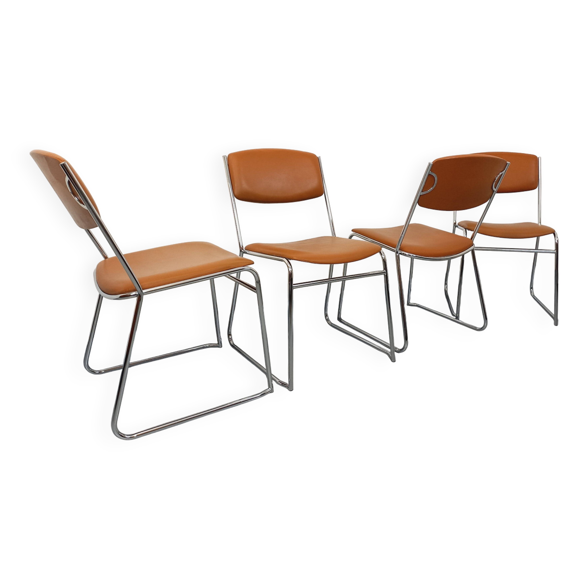 4 vintage sleigh chairs from the 70s, in designer chrome metal