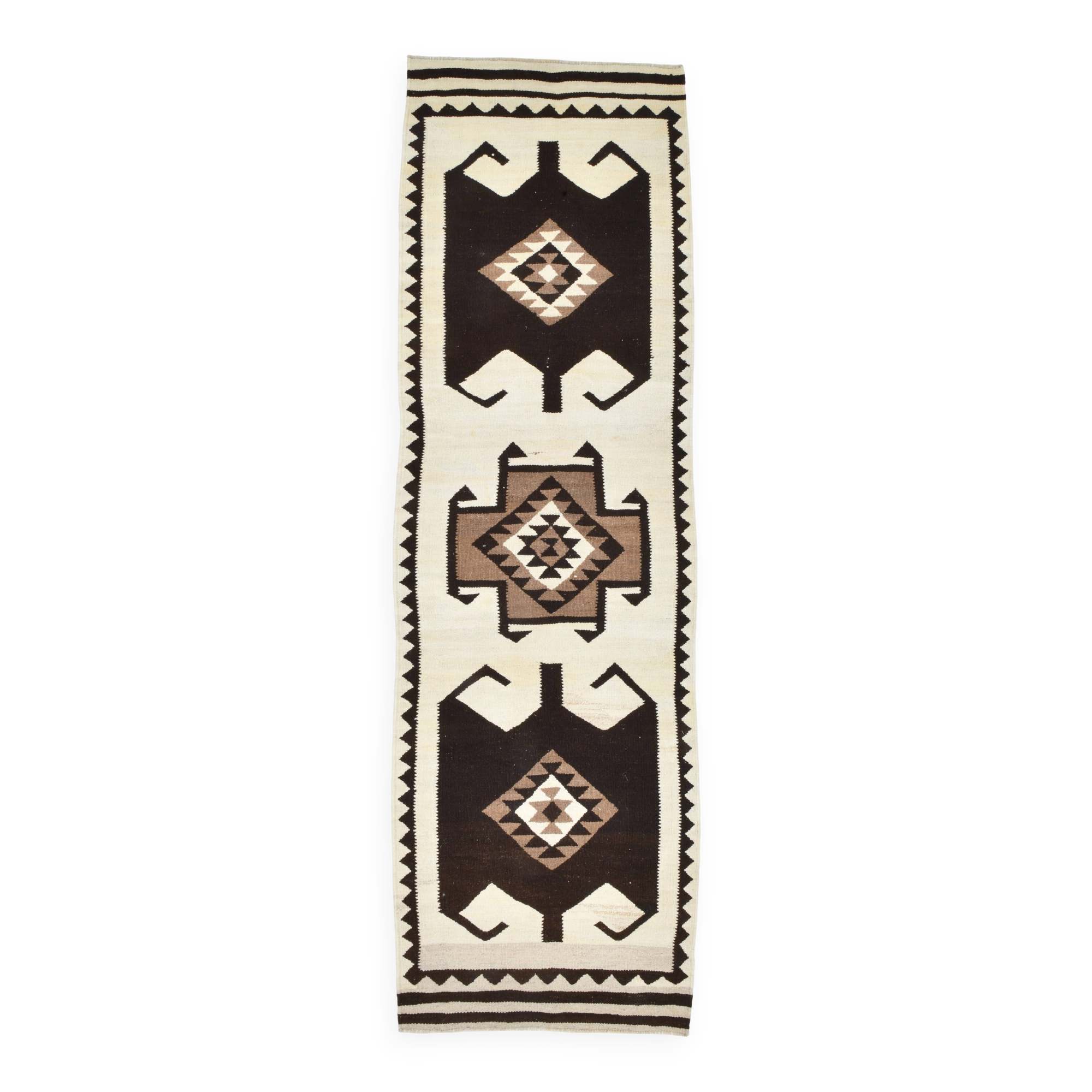 3x11 Kilim Cream & Brown Tribal Kilim Runner Rug, 99x322Cm