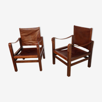 Pair of vintage Safari leather armchairs 1950