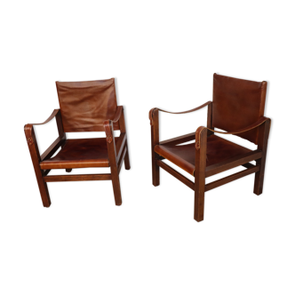 Pair of vintage Safari leather armchairs 1950
