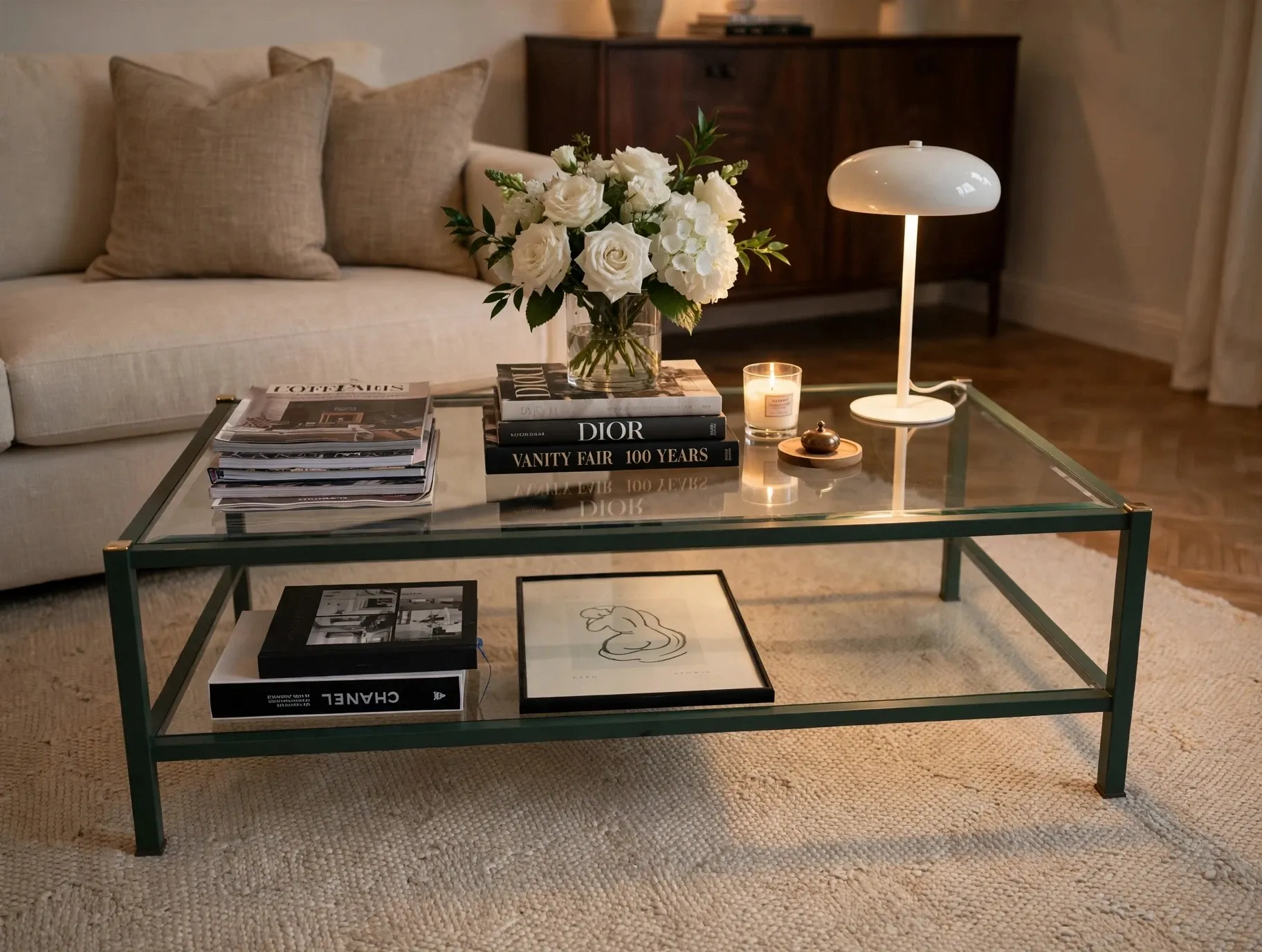 Vintage coffee table Pierre Vandel forest green & gold 70's