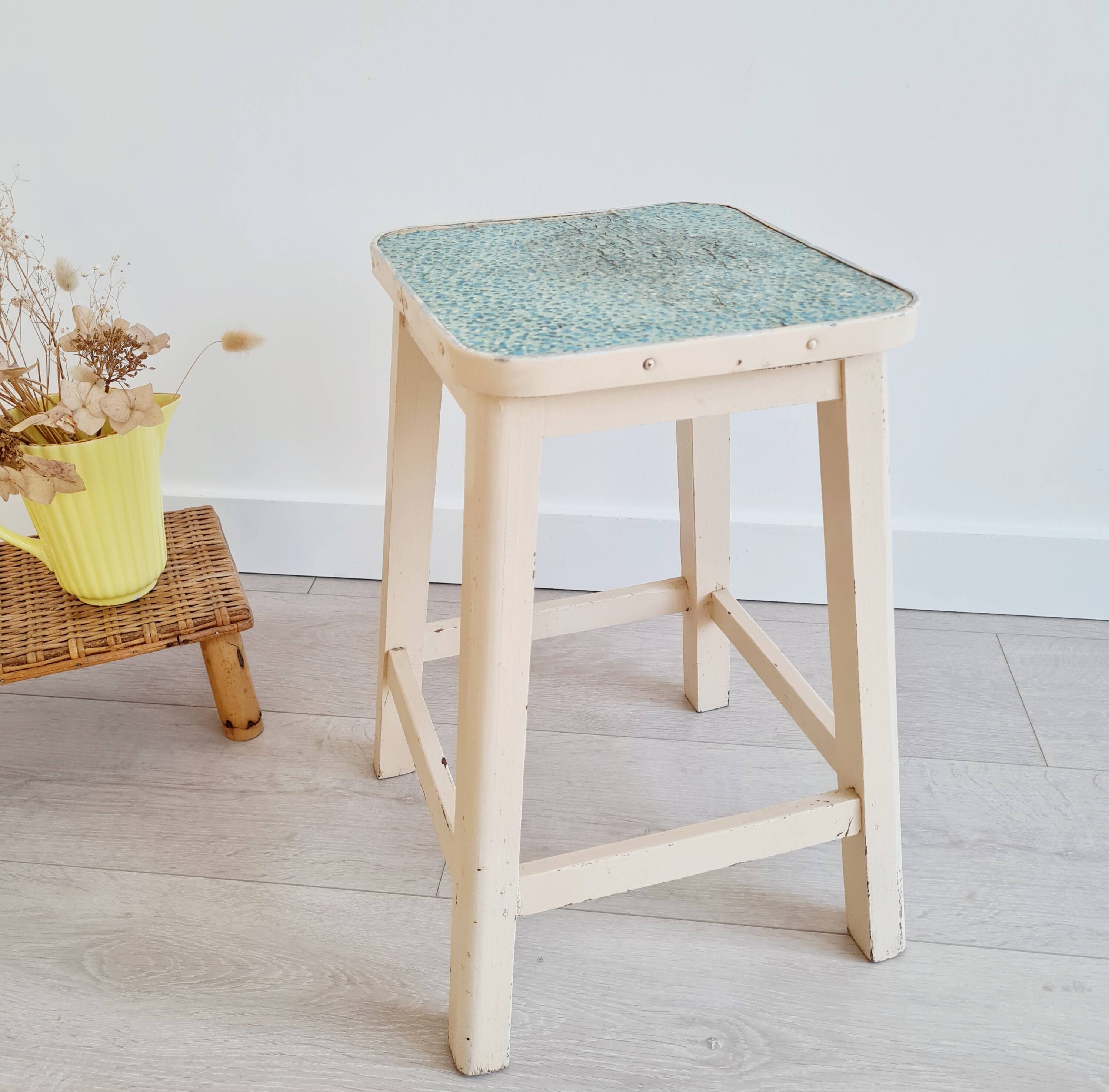 White wooden painter's stool - blue seat