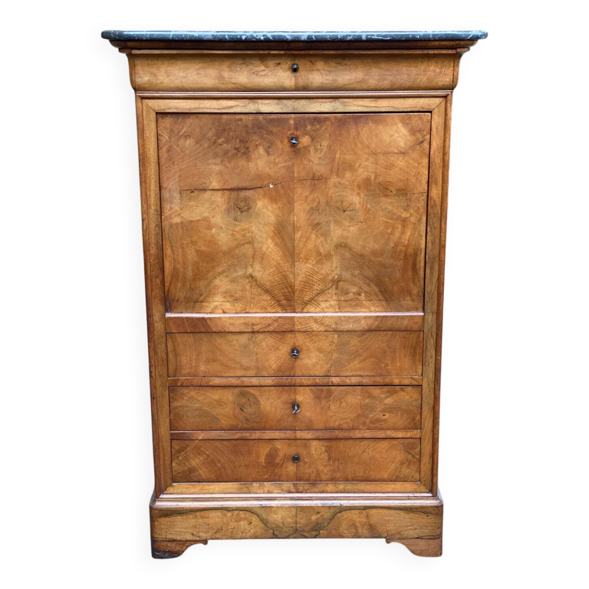 19th century secretary desk in solid walnut and burr grey marble