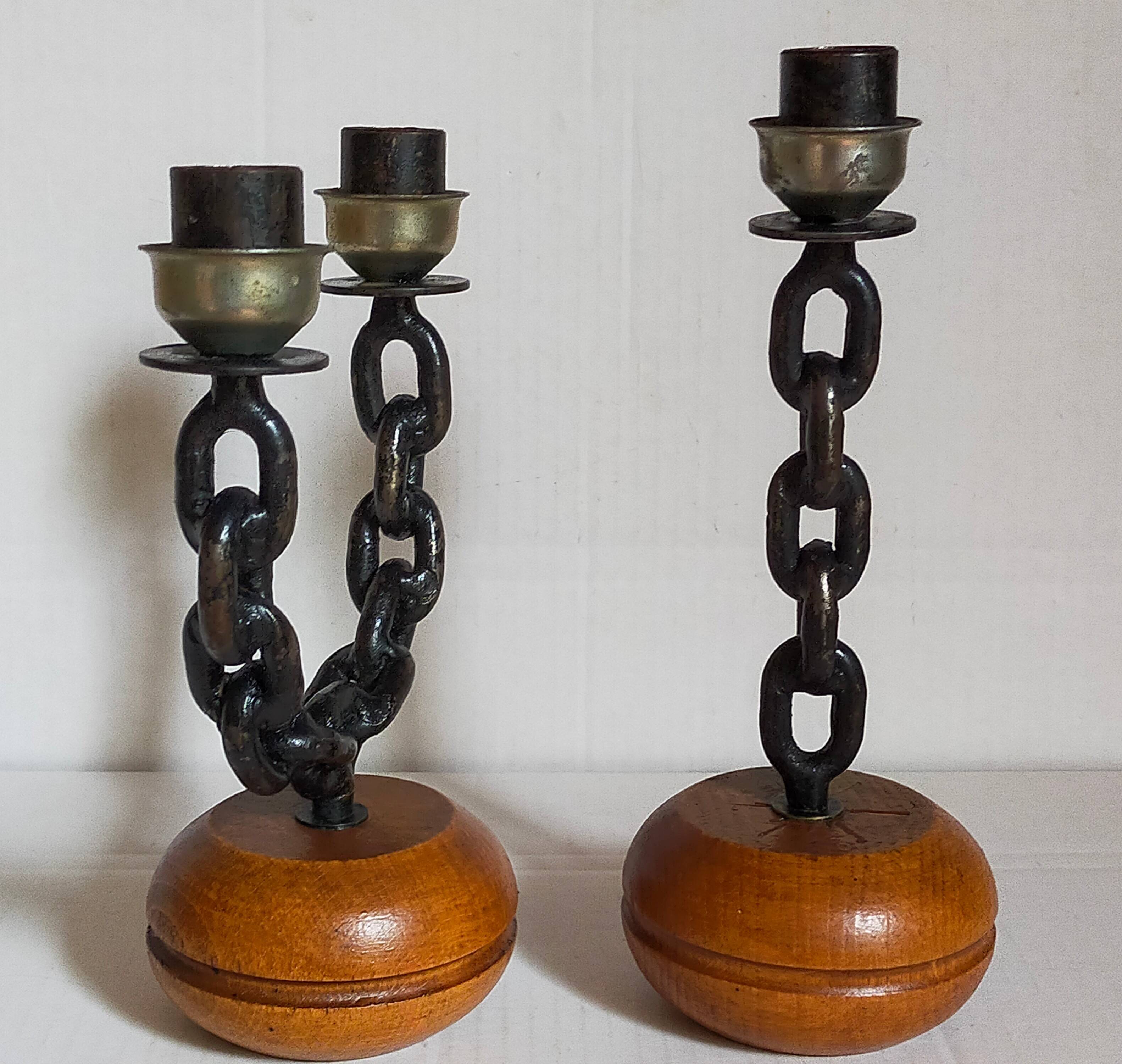 Duo of brutalist Art-popular candlesticks 50s