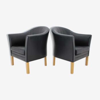 1970s Pair of Mogens Hansen Leather Easy Chairs, Denmark
