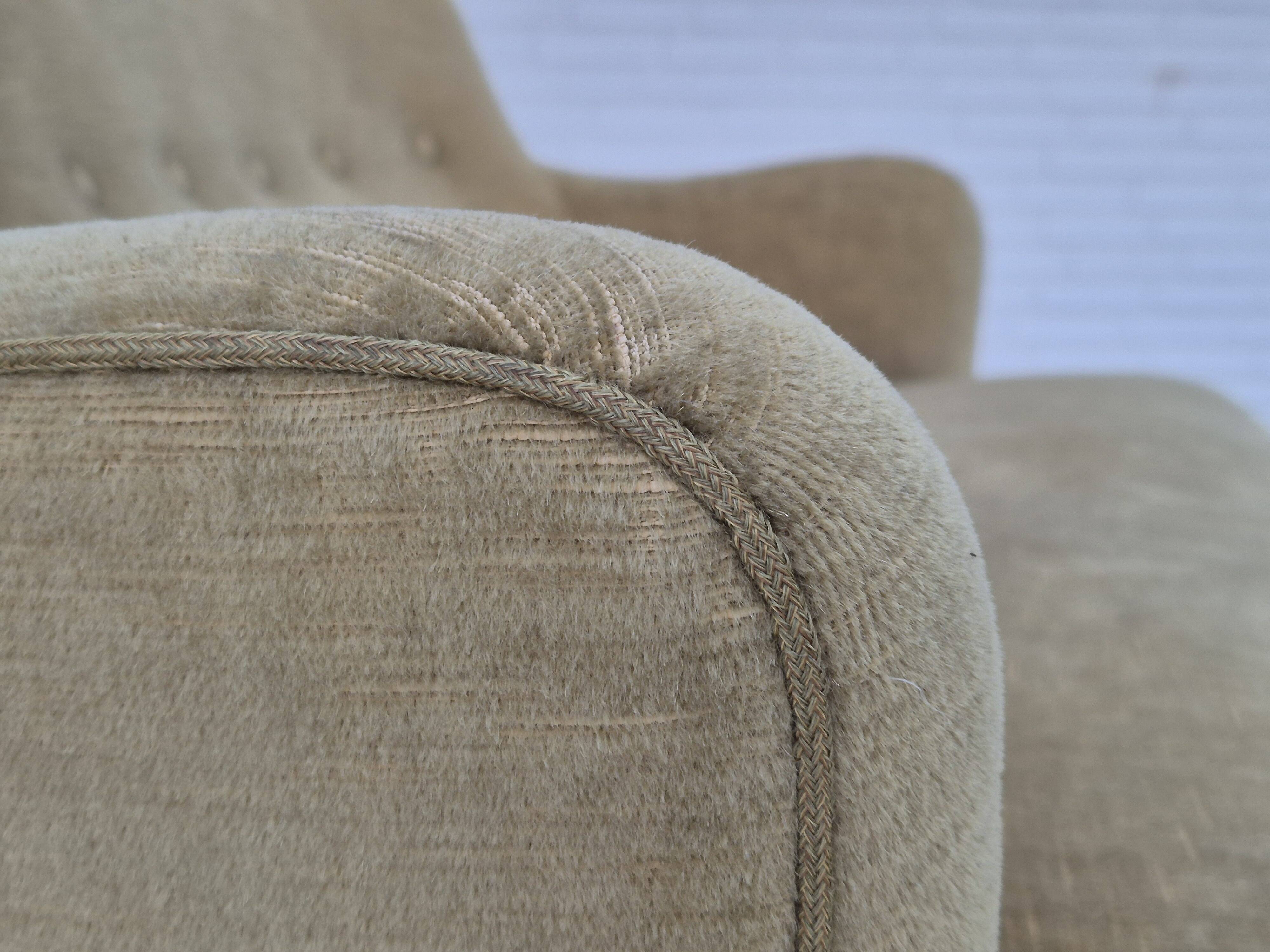 1970s, Danish 2 seater sofa, original condition, green furniture velour, beech wood legs.