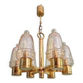 Lustre en laiton et globes en verre bullé ambré, 1970