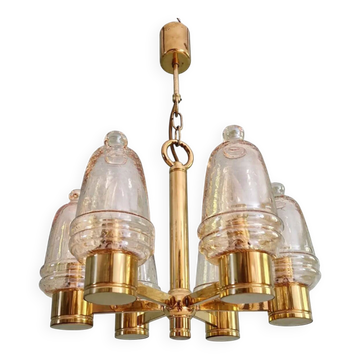 Brass chandelier with amber bubbled glass globes, 1970.