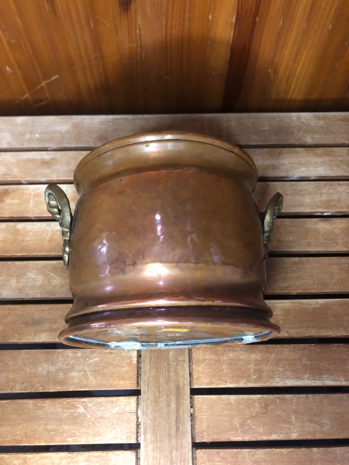 Old copper pot + vintage brass handles #a531