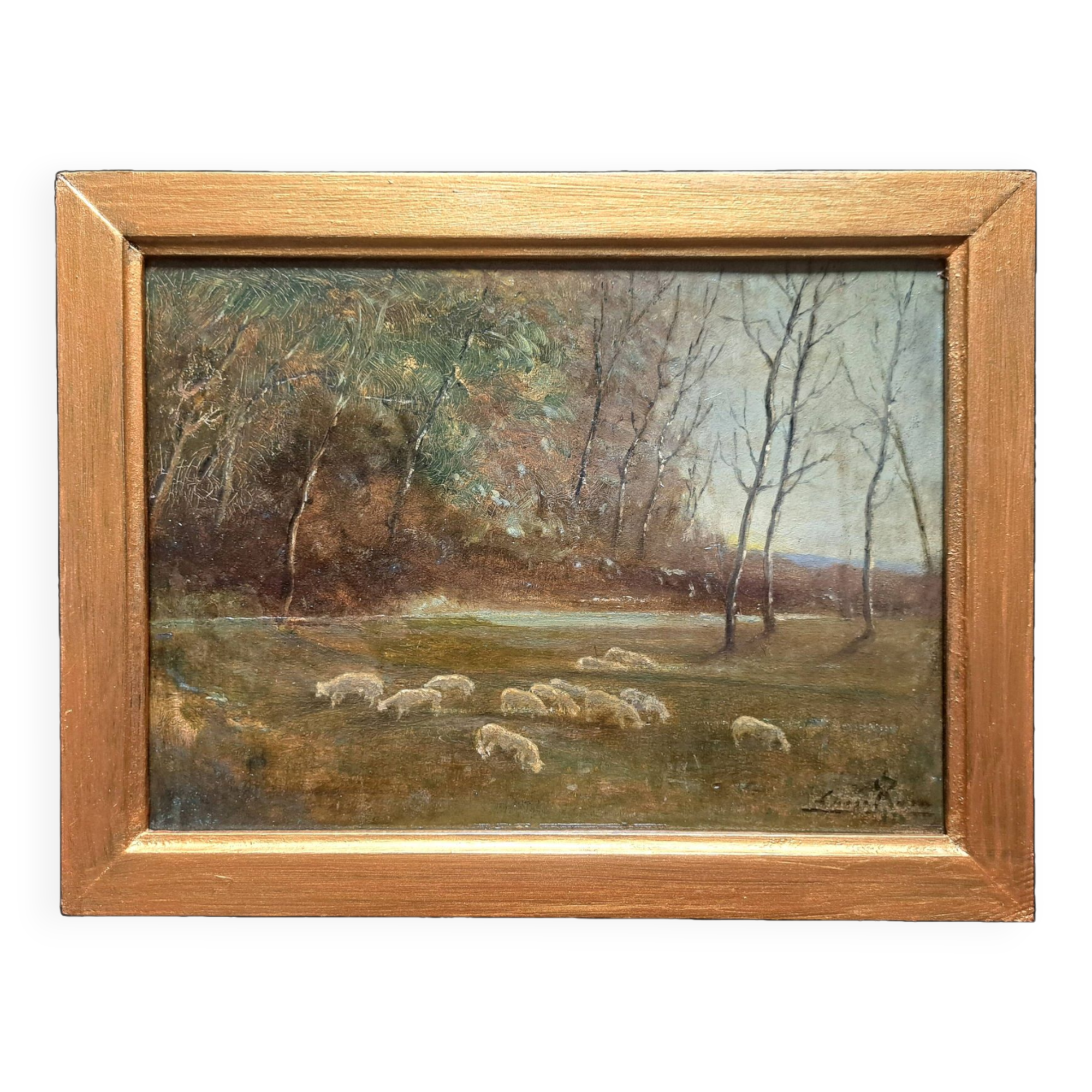 Impressionist painting, oil on wood signed, pastoral scene, Barbizon school