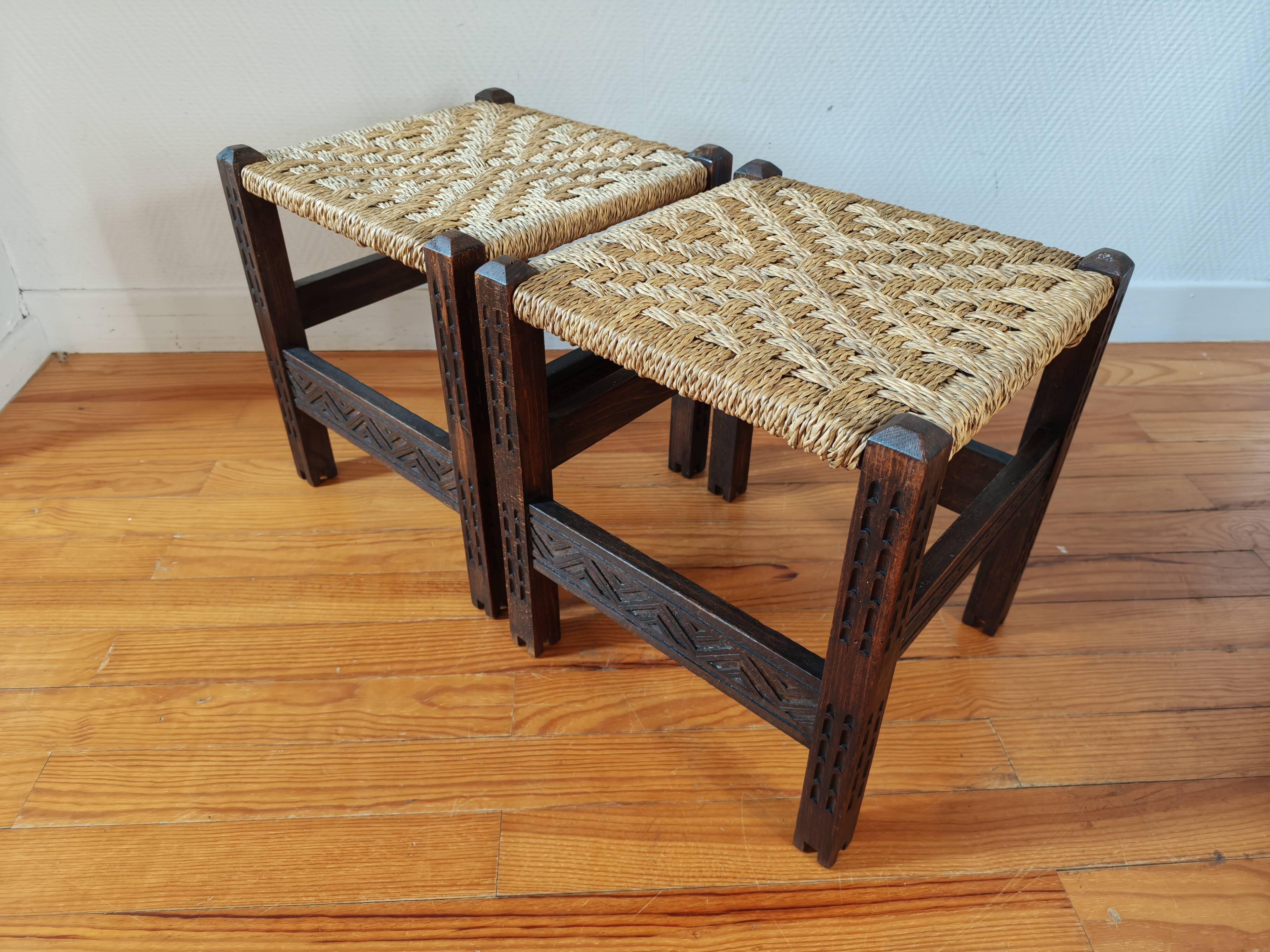 Pair of handcrafted stools from Friuli in carved wood, Italy, circa 1960.