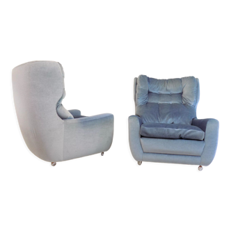 Ensemble de 2 fauteuils mohair bleu glacier Carl Straub