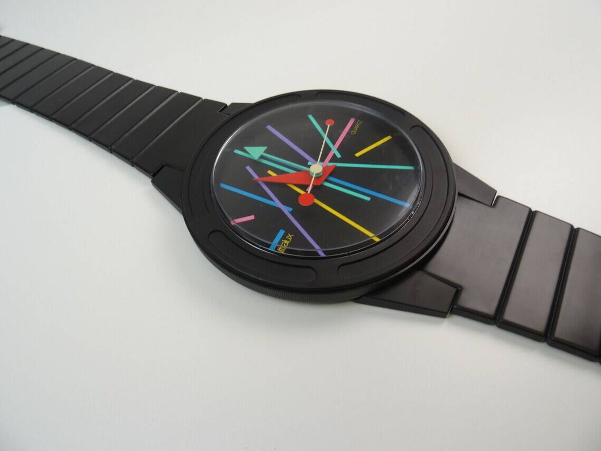 Postmodern Wall Clock in wrist watch shape Pop Art by Ultralux Swiss XL Memphis Age