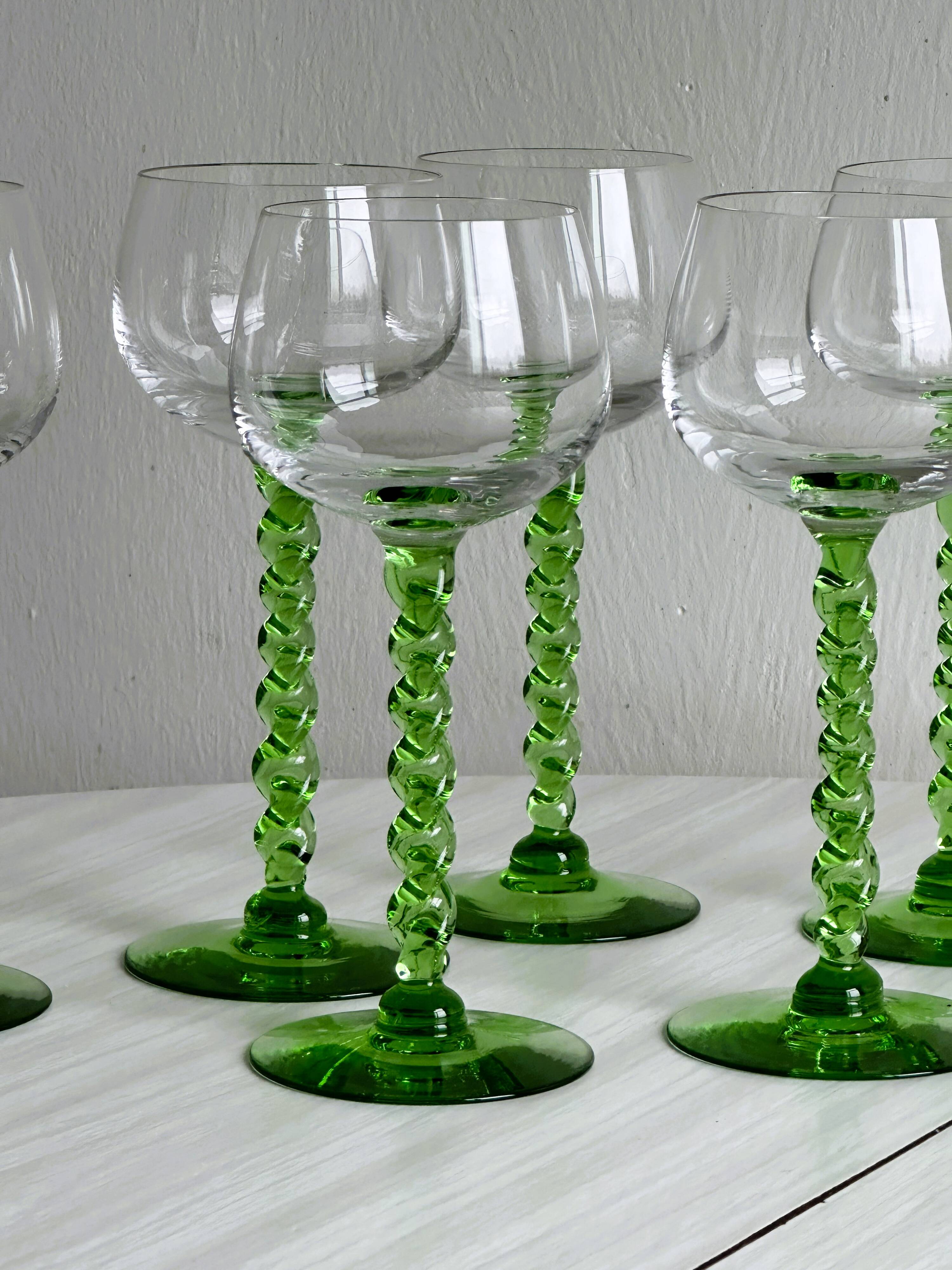 6 transparent green twisted stemmed glasses