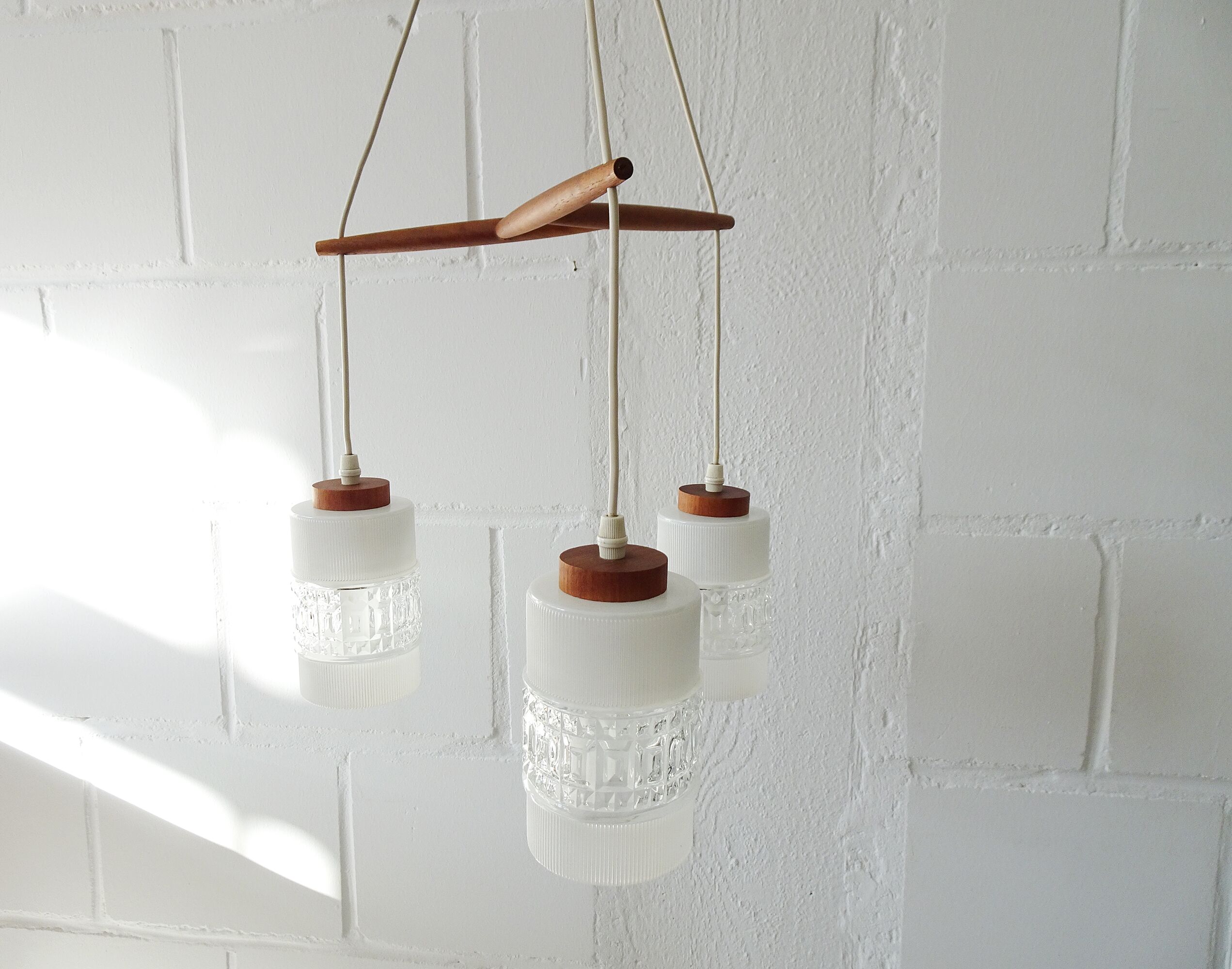 Teak hanging lamp with three lamps, Mid Century chandelier made of glass and teak