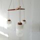 Teak hanging lamp with three lamps, Mid Century chandelier made of glass and teak