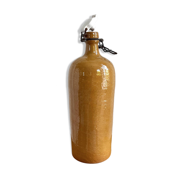 Bouteille ancienne en grès vernissé et bouchon en faÏence