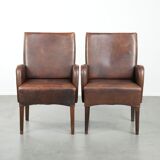 Set of 2 dining chairs / side chairs with armrests made of cowhide leather