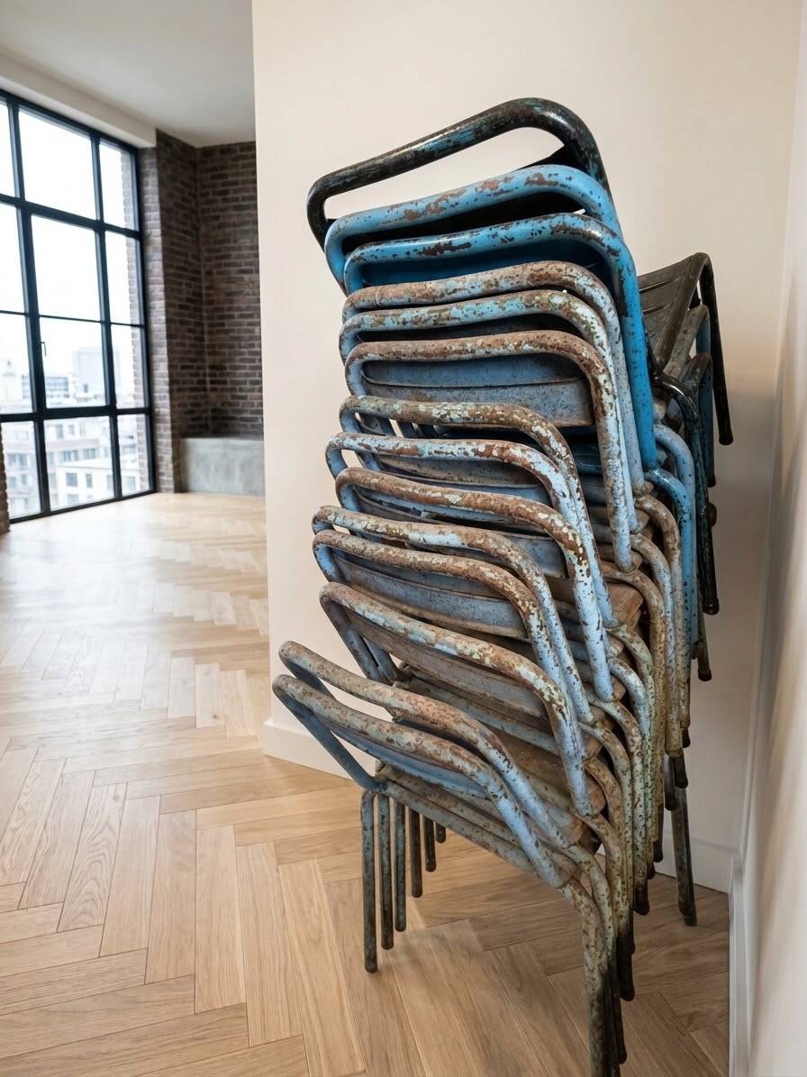 Set of 15 vintage industrial metal chairs from the 1950s.