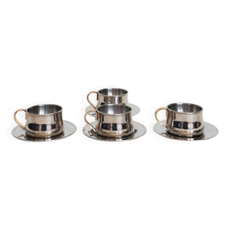 Lot de 4 tasses et soucoupe  à expresso en inox double parois Made in Italy, Design 1970