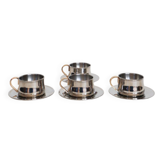 Set of 4 double-walled stainless steel espresso cups and saucer Made in Italy, Design 1970
