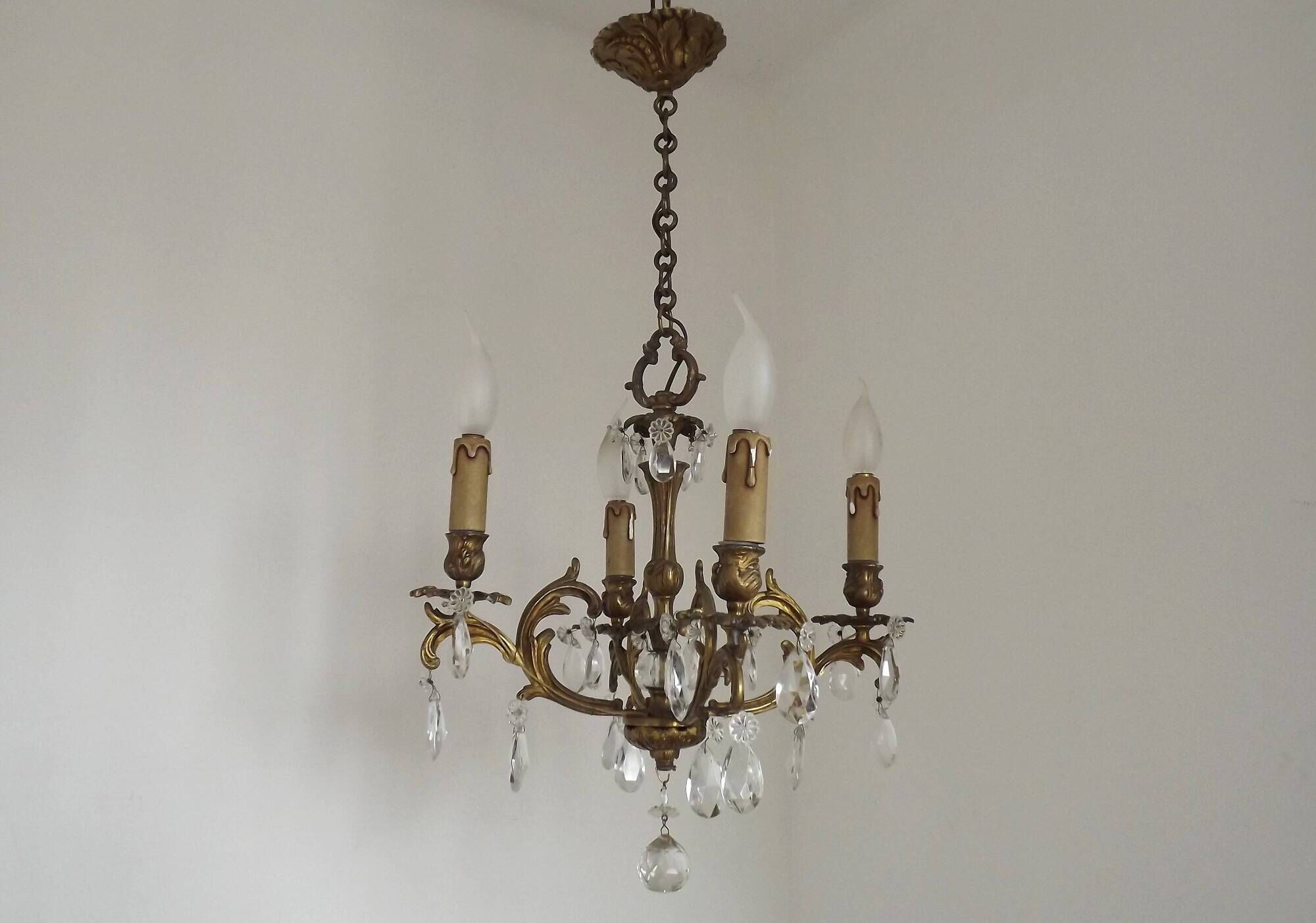 French Vintage Bronze and Glass 4 Light Art Nouveau Crystal Chandelier
