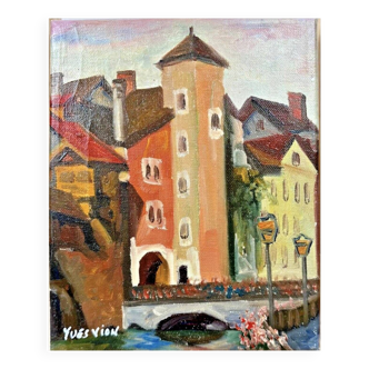 Huile sur toile yves vion vieille ville d'annecy